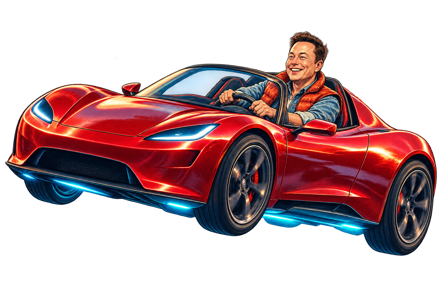 A grinning cartoon Elon McFly in a red vest, flying his red Roadster above the city.