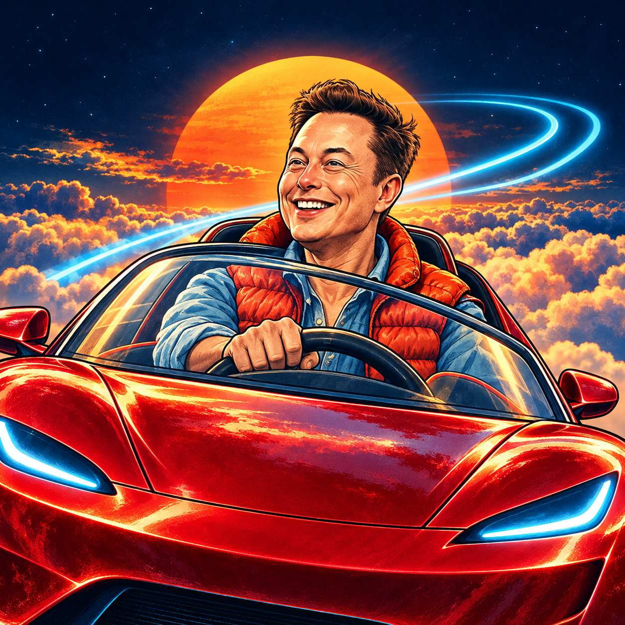 Elon McFly grinning behind the wheel, with a sunset and electric-blue trails behind him.